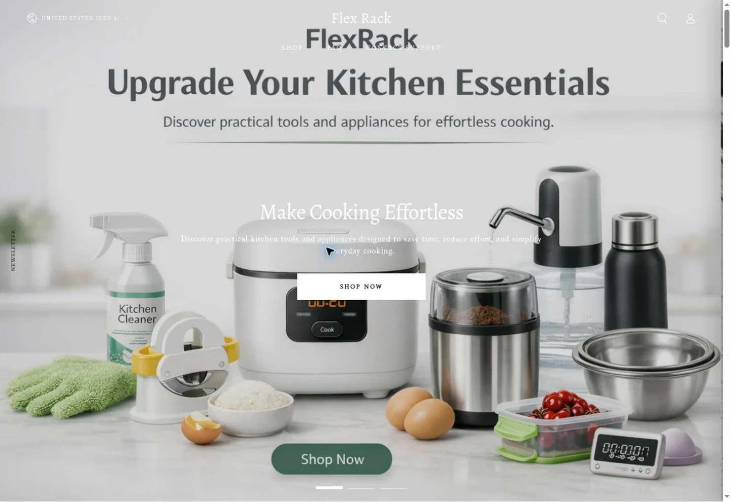 Flex Rack homepage featuring everyday kitchen appliances and a shop link